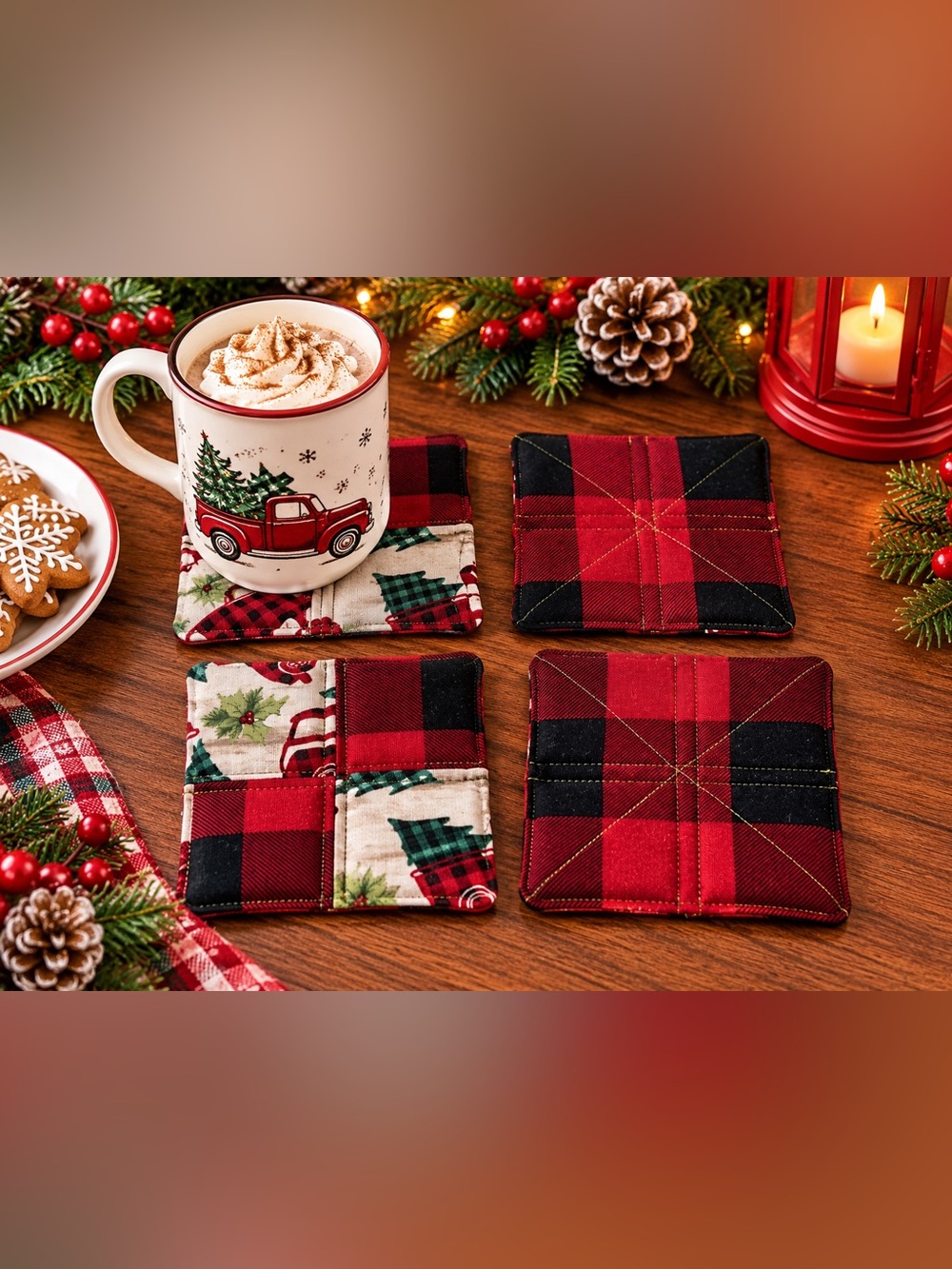 Handmade Christmas Quilted Coasters – Set of 4